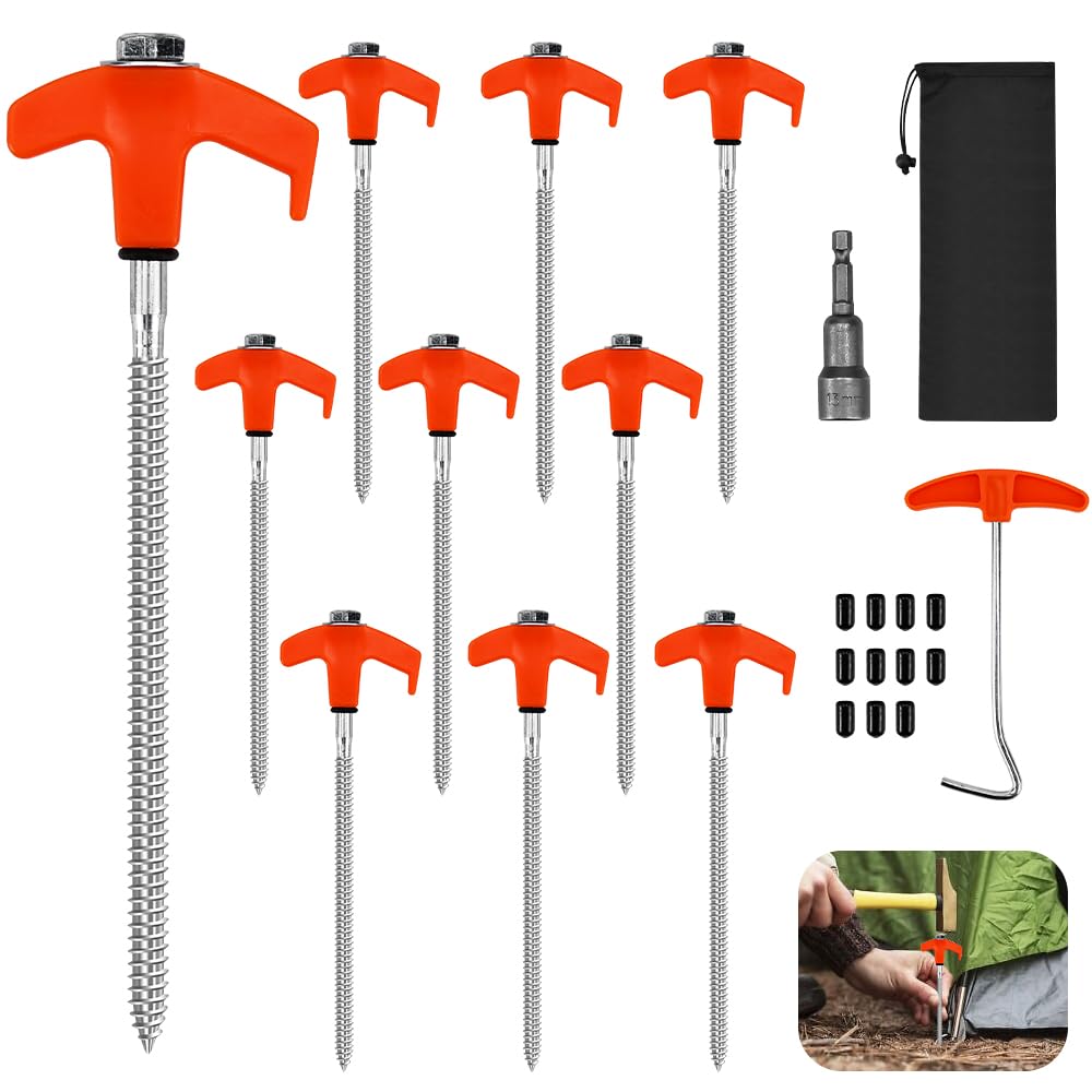 KITERI 10 Pcs Screw In Tent Pegs, 8 Inch Tent Pegs Hard Ground Awning Pegs Heavy Duty Camping Pegs With Tent Peg Extractor Hexagon Socket and Storage Bag for Hard Ground Camping Tarpaulin