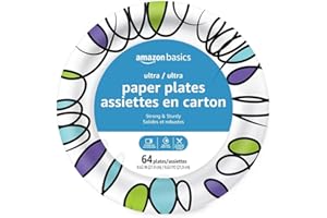 Amazon Basics Ultra Paper Plates, 8.62 Inch, Disposable, Cut Resistant, Soak-Proof, Microwave-Safe, 64 Count