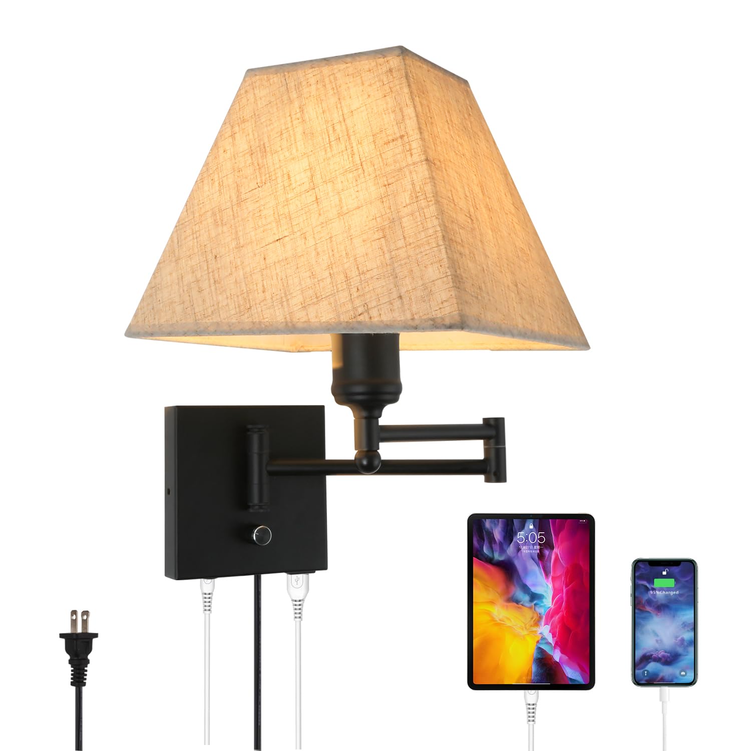 Photo 1 of PULLCU 13" Modern Swing Arm Wall Lamp Plug in Wall Sconce with USB and Type-C Port Wall Mounted Lamp with Dimmable Switch Black Wall Sconce Beige Fabric Shade Suitable for Hallway Bedroom Living Room