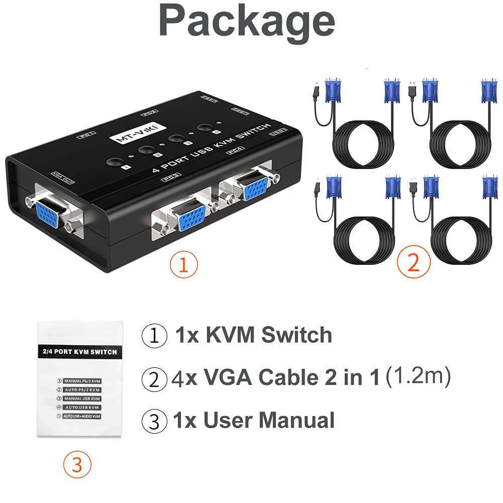 MT-VIKI KVM Switch VGA, 4 Port KVM Switch for 4 Computers Share One Monitor Keyboard Mouse Printer, 3 USB 2.0 Hub, Included 4 VGA KVM Cables