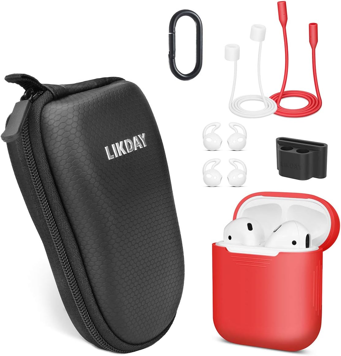LIKDAY Airpods case for Compatible with Airpods/Airpods Strap/Airpods Holder/airpods Ear Tips/,Soft Silicone Skin Case Cover Shock-Absorbing Protective Case with Keychain (Red)