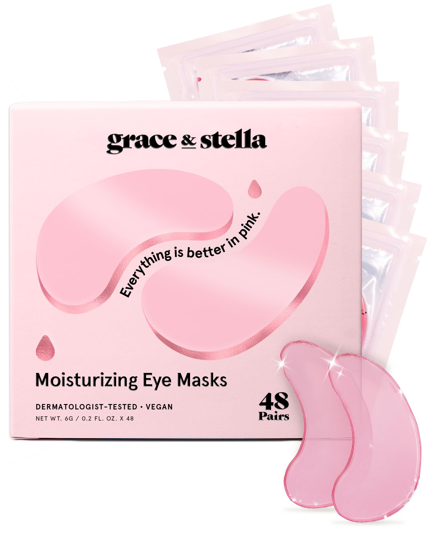 Award Winning Under Eye Mask - Reduce Dark Circles, Puffy Eyes, Undereye Bags, Wrinkles - Gel Under Eye Patches, Vegan Cruelty-Free Self Care by grace and stella (48 Pairs, Pink)