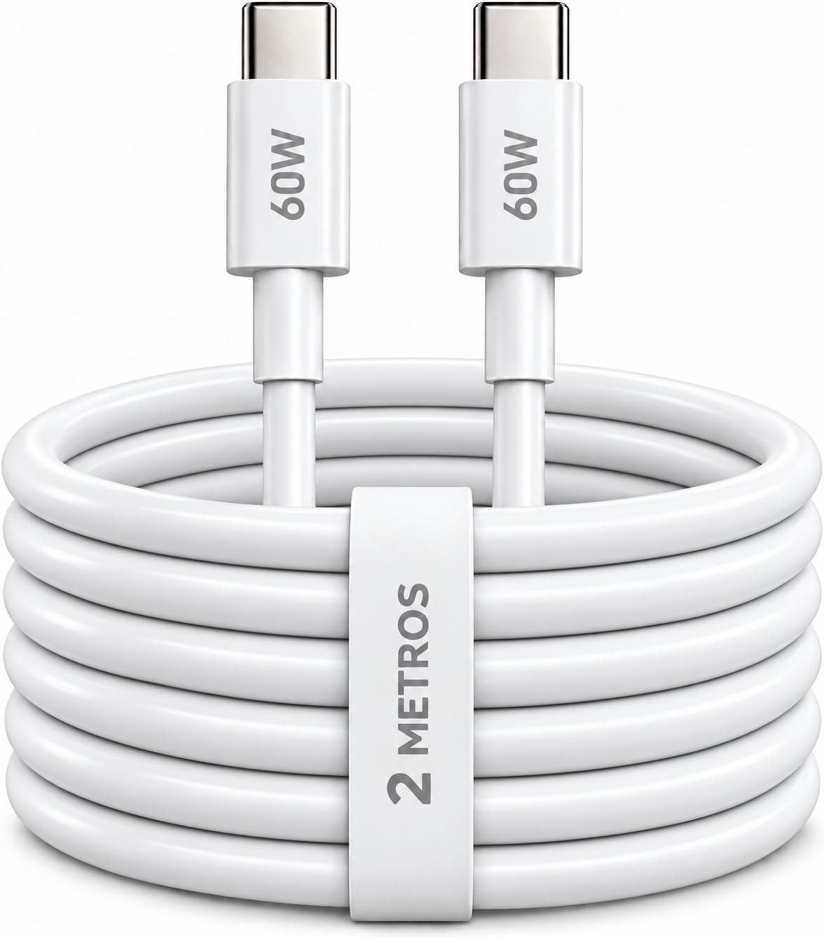 Cabo USB-C para USB-C 2 Metros 60W Carregamento Rápido, Tipo C, Branco, para Celular, Tablet e Notebook
