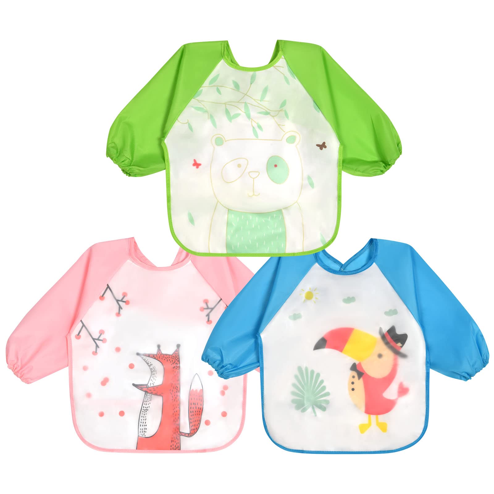 Vicloon Baby Bibs with Long Sleeves, 3 Pieces Sleeve Bibs, Waterproof EVA Double Layer, Cute Animal Style Baby Bibs Set for Food, Art, Craft, Painting, Painting, Playing for 6-24 Months