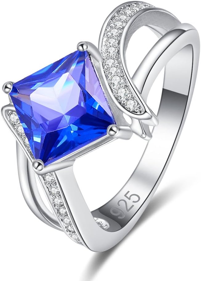 Psiroy 925 Sterling Silver Created Tanzanite Filled Bypass Band Princess Cut Engagement Ring for Women