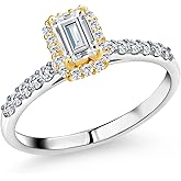 Gem Stone King 925 Silver and 10K Yellow Gold White Moissanite and White Lab Grown Diamond Engagement Ring For Women | 0.89 Cttw | Emerald Cut 6X4MM | Gemstone Birthstone