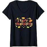 Womens Fall Color Cute Adorable Happy Thanksgiving Design V-Neck T-Shirt