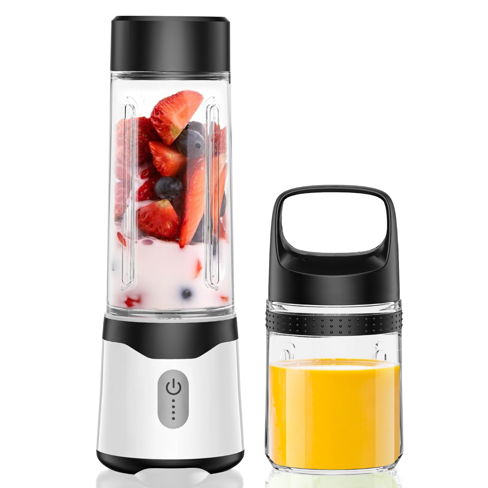 Angashion ジューサー ミキサー 野菜 果物 ジュース 離乳食用 栄養補充 氷 一台多役 2つコップ 350ML/500ML 4000mAh 22000回転バッテリー 持ち運び 磁気誘導型安全機能 USB充電式 USB出力 アウトドア 旅行 出張 オフィス 日本語取扱説明書商品画像
