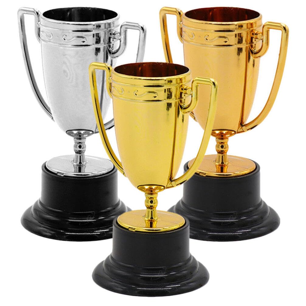 Angoily 3pcs Gold Plastic Trophies Mini Silver Bronze Golden Trophy Award Cups for Football Soccer Baseball Sports Competition Game Carnival Prize Party Favors
