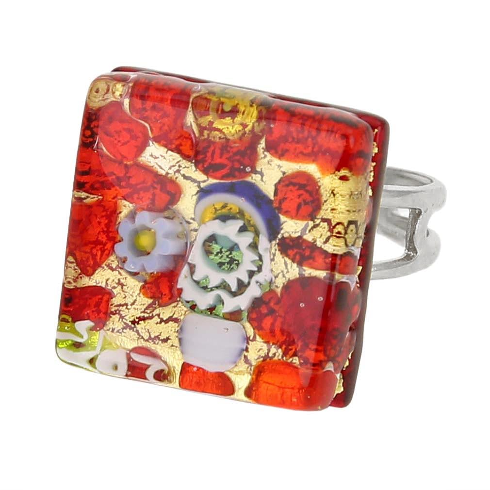 Glass Of Venice Murano Glass Venetian Reflections Square Adjustable Ring - Red Gold