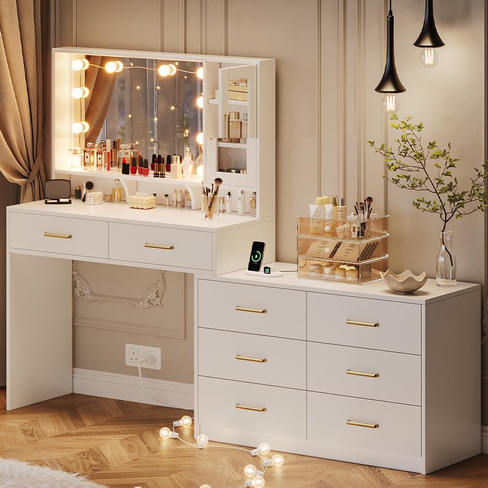 Photo 1 of ***FINAL SALE/NO RETURN, SOLD AS PARTS*** UGTOO Makeup Vanity Desk with Mirror and Lights, 59" Makeup Desk with Drawers & Cabinet & Dresser, Large Vanity Table with 8 Drawers, Vanity Desk with Large Mirror and 3-Color Lights for Girls