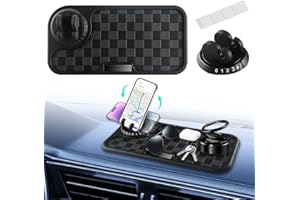 NHHEO Car Anti Slip Mat Dashboard Tray Decorations Sticky Pad Multi Functional Ultra Thick with 360° Rotating Universal Phone Pad Holder+Number Plate, Washable Checkerboard Design(Black&Gray)