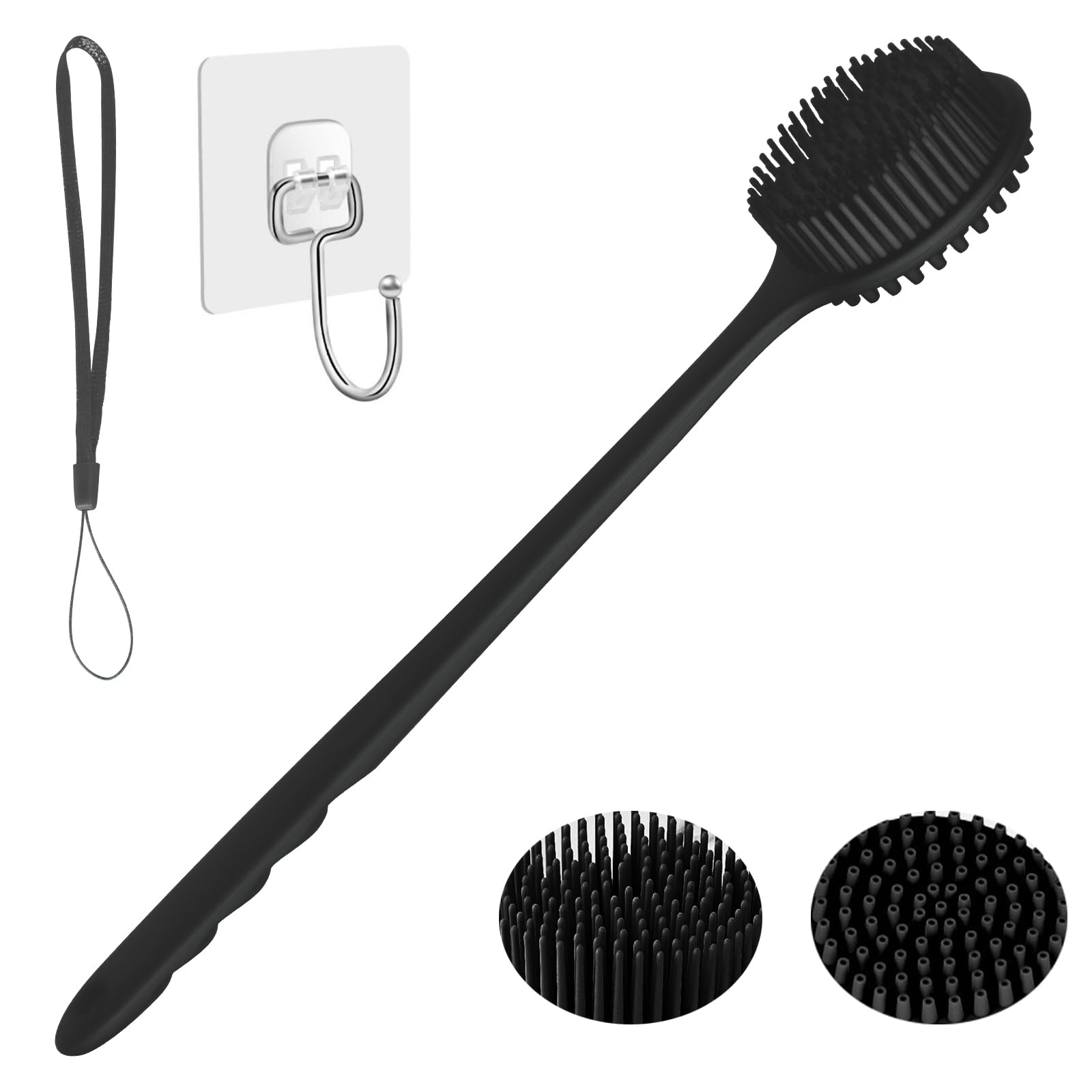 KXF Silicone Back Scrubber 37.5cm Long Handle Double-Sided Shower Body Brush Body Scrubber Bath Wash Brush with Soft Lathering Bristles and Stiff Massage Nodes Gentle Exfoliating Showering Exfoliator