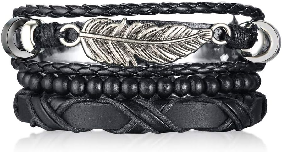 Handmade Stacked Set of 3 Black Multi Strand Multi-Layered Bohemian Cuff Wristband Boho Leather Bracelet With Alloy Steuermann Charm Hemp Cords Wood Beads Ethnic Tribal Believe Bracelet,Black