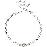 ChicSilver 925 Sterling Silver Heart/Round Birthstone Figaro Chain Bracelet for Women Mothers Day Birthday Jewelry Gifts