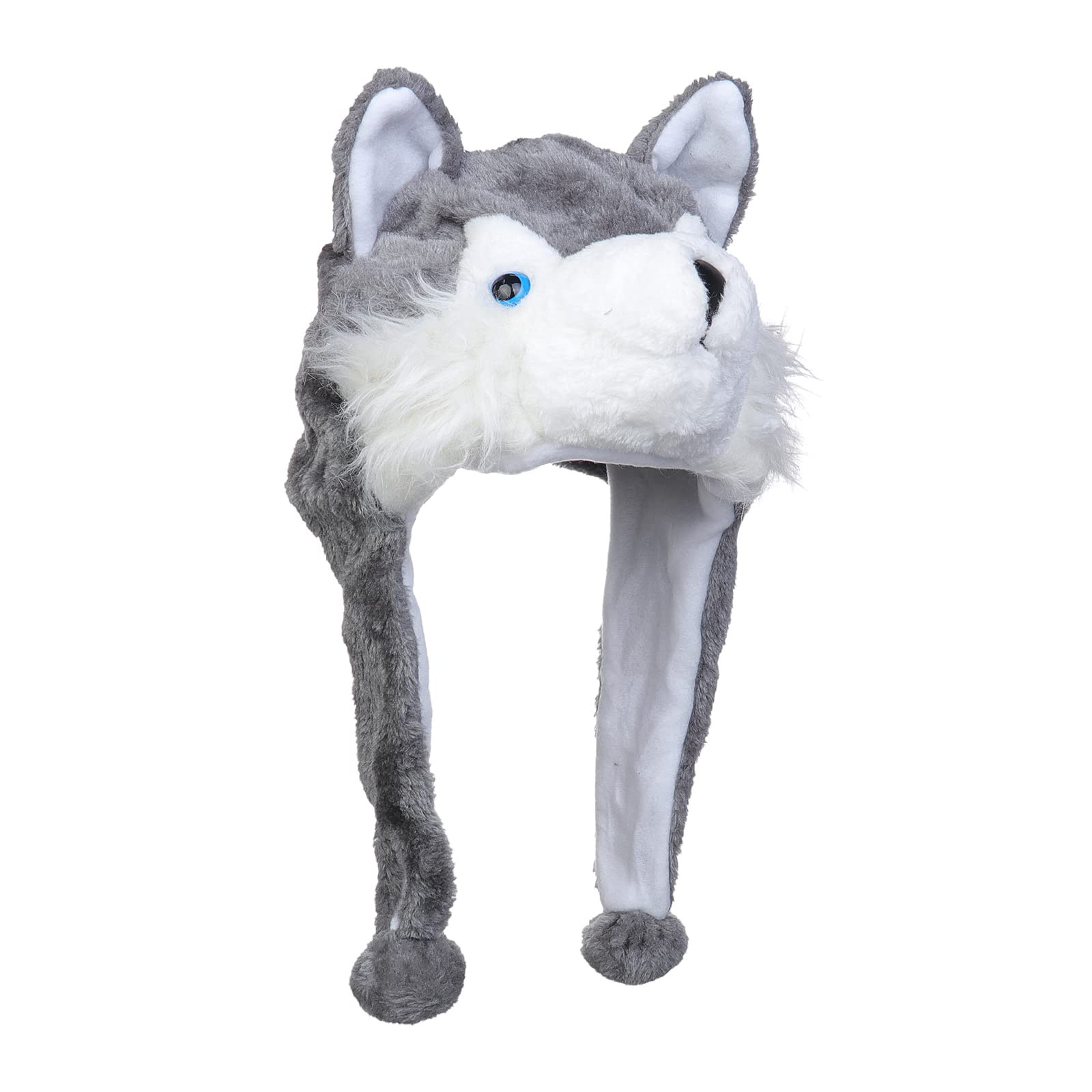 JK Home Funny Plush Animal Hat, Headwear Cartoon Hats, Soft Warm Novelty Stuffed Ear Flaps Scarf Cap, Cosplay Costume Headgear, Headband Photo Props, Unisex Children Adults Grey Wolf