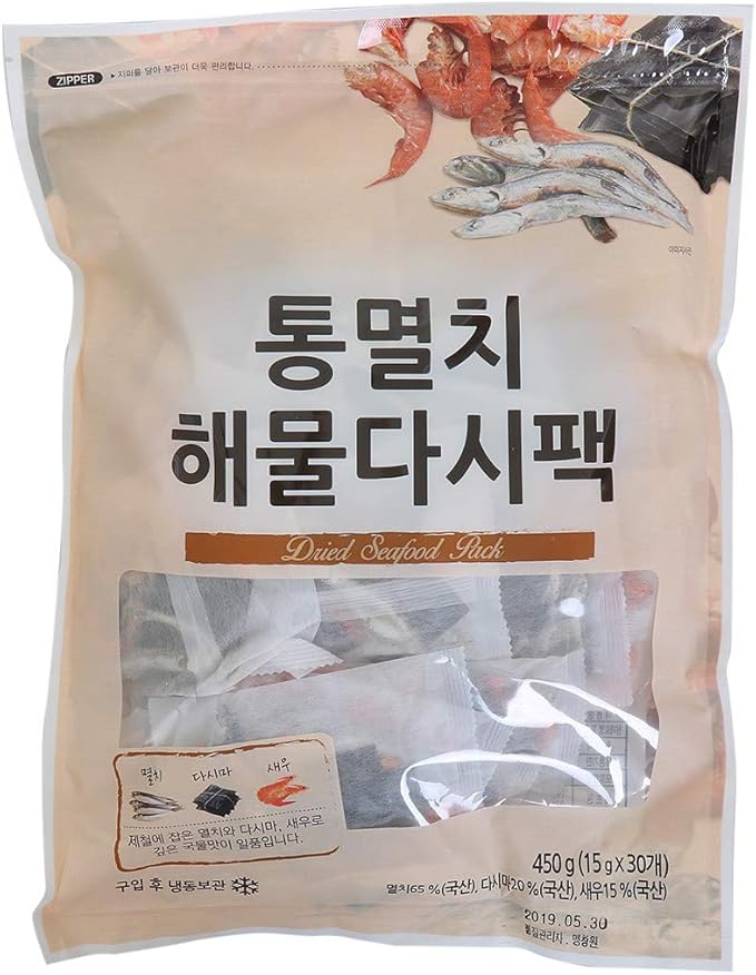 Korean Dried Whole Anchovy and Seafood Kelp Bag Pack for Soup 450g (15g