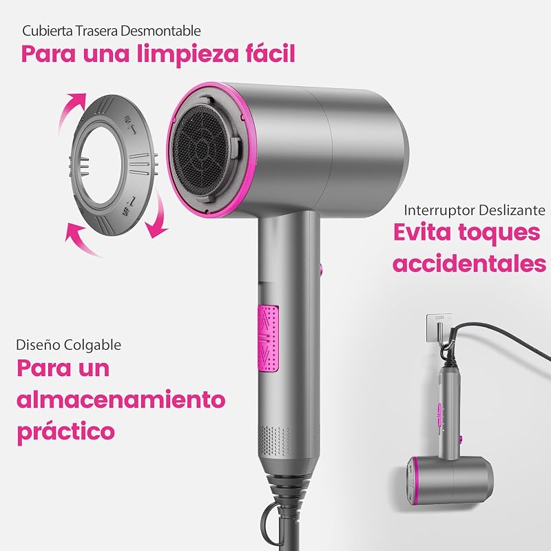 Secador de Pelo Iónico Motor AC Duradero Secadores pelo iones profesional, Difusor y Concentrador, 3 Temperaturas, 2 Velocidades, negativos Hair Dryer (Grey)
