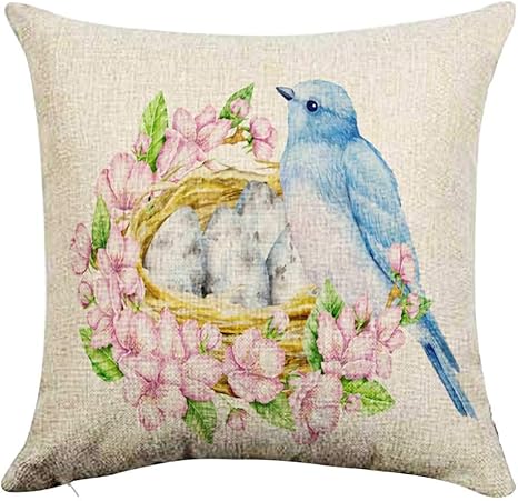 Amazon Co Jp Gey クッションカバー 45 45センチ 一枚 枕カバー 座布団カバー 巣と青い卵のかわいい青い鳥水彩イラストかわいい動物と鳥春のシンボルハッピーイースター青い運の鳥 ソファー用背当てカバー 車用背当てカバー 飾り用クッションカバー ホーム キッチン