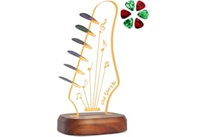 ONMIWOD Light Up Guitar Pick Holder with 6 Guitar Picks, Acacia Wood & Acrylic Guitar Headstock Shaped Pick Holder Case for Guitar Pick Storage & Display, Guitar Music Accessories Gift for Guitar Lover Player