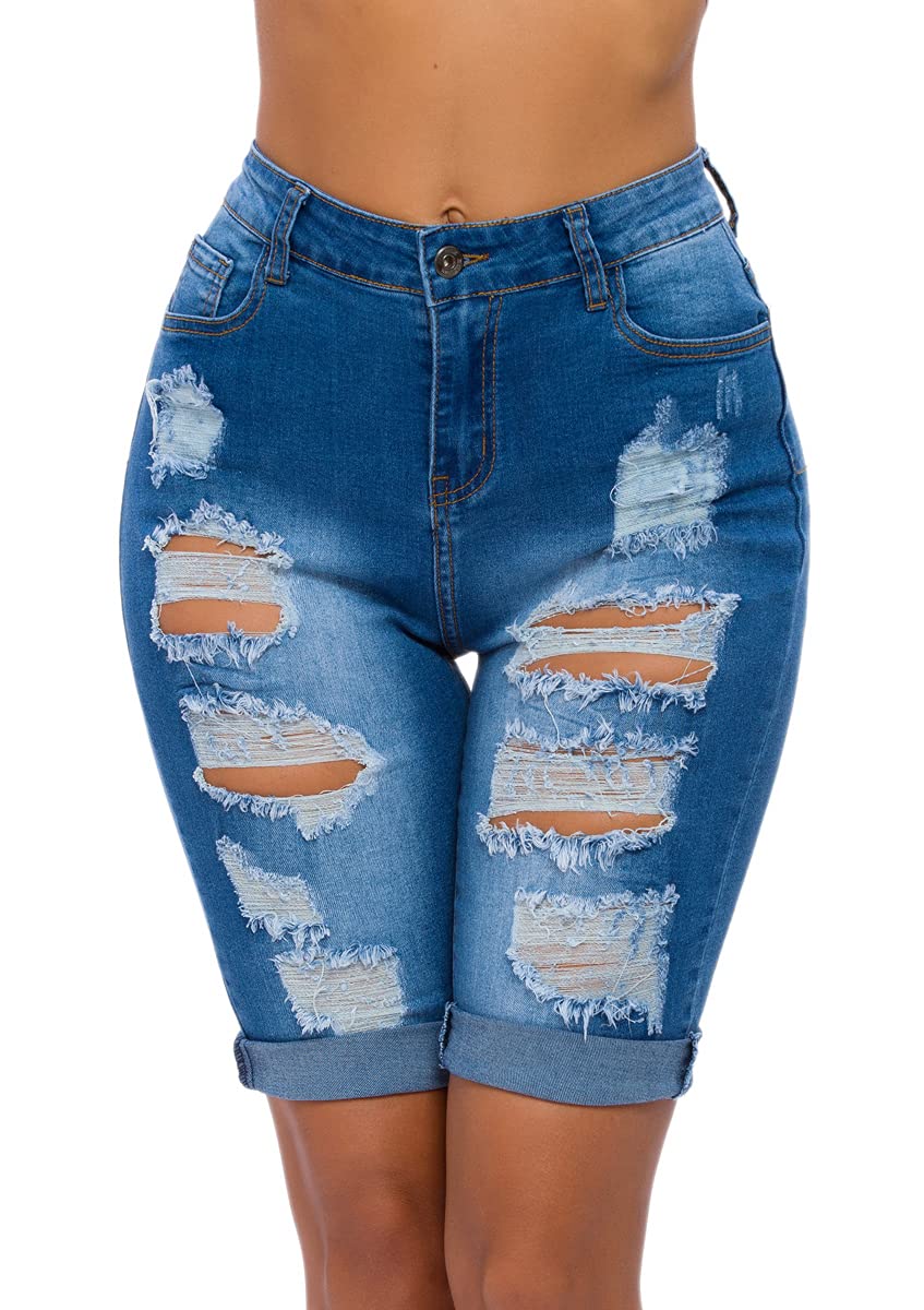 OLRAIN Womens High Waist Ripped Hole Washed Distressed Short Jeans