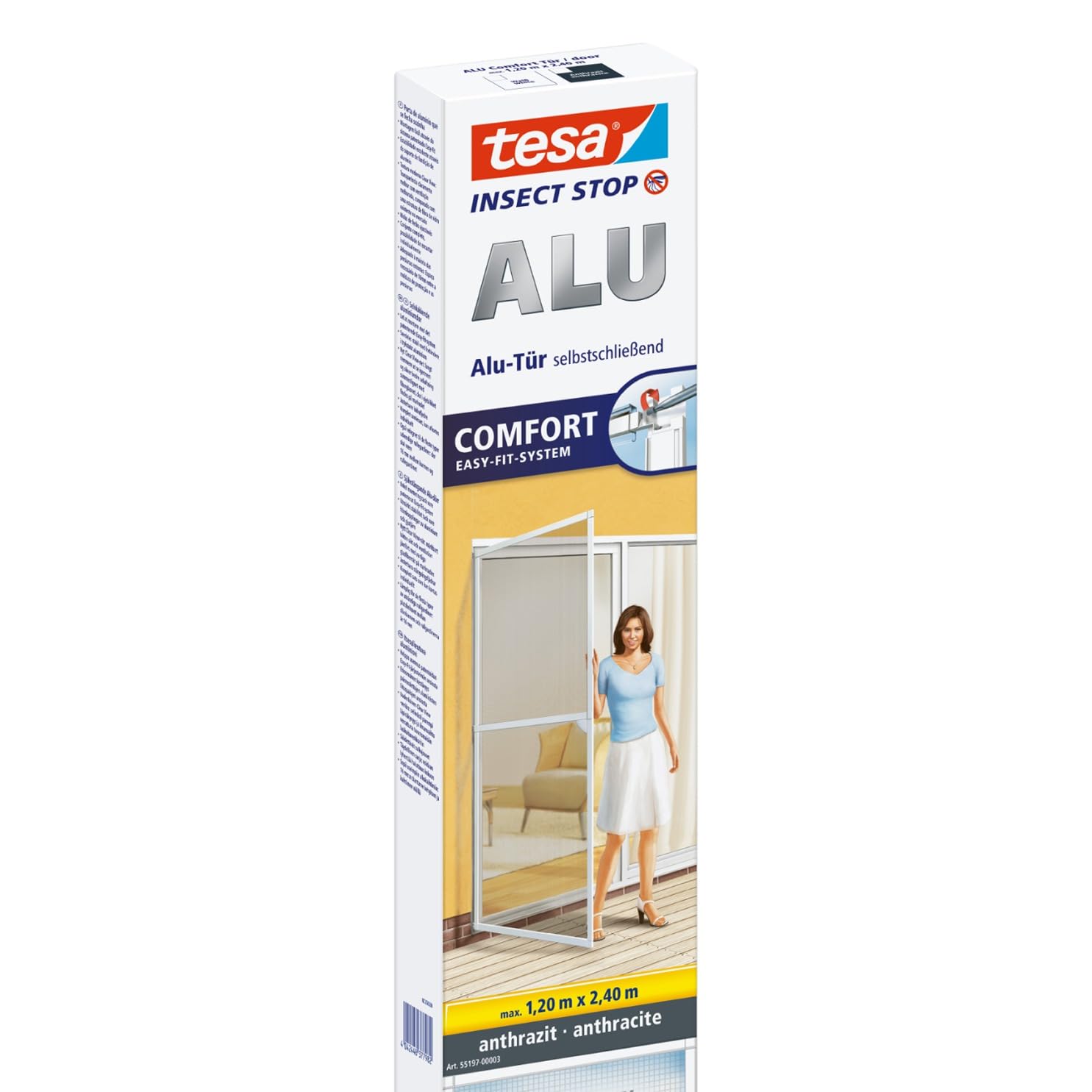 tesa UK Insect Stop ALU Comfort Fly Screen for Doors with Aluminium Frame and Clear View - Door Screen - in Anthracite, 120 cm x 240 cm (55197-00003-00)