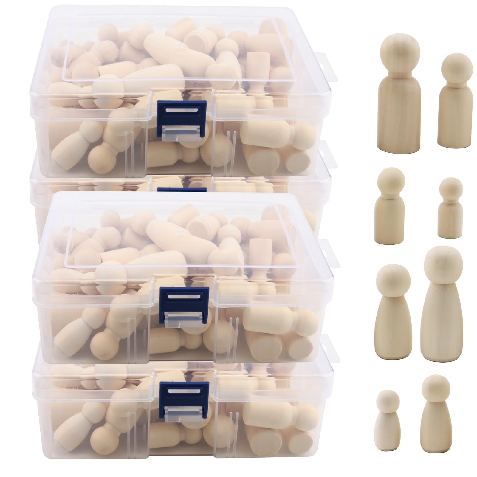 DAKFOOK 200 Pcs Wooden Peg Dolls, 4 Sizes Wooden People Shaped Dolls with Storage Box, Unfinished Wood Peg Doll for Painting, DIY Crafts and Decoration, 33/43/53/65mm