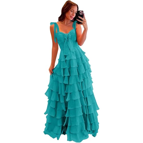 Amazon.com: Fukbdz Tiered Tulle Prom Dresses with Bow Aqua Spaghetti Straps  Long Layered Slit Chiffon Ball Gowns A Line for Women 2026 US0 : Clothing,  Shoes & Jewelry