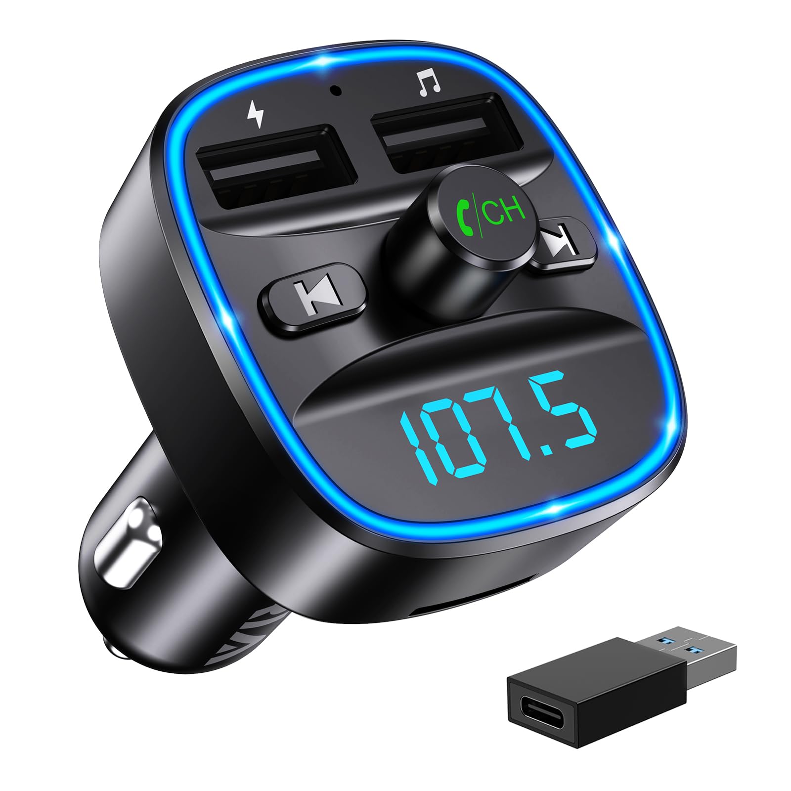 ORIA Car Bluetooth Adapter, Bluetooth 5.3 FM Transmitter for Car Radio with Dual USB Charger, Hands-Free Calling, Music Player Support TF Card & USB Disk (USB-C Converter Included)