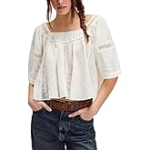 Women Ruffle Bow Tie Babydoll Tops Boho Lace Sheer Flowy Peasant Blouses Y2k Short Sleeve Eyelet Peplum Crop Shirts