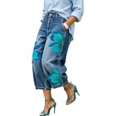 stylewe Wide Leg Jeans for Women Floral Print Cropped Denim Pants | High Waisted Jeans, Baggy Denim Pants, Elastic Back Waist, Flower Print Bottoms, 2026 Trendy Outfit