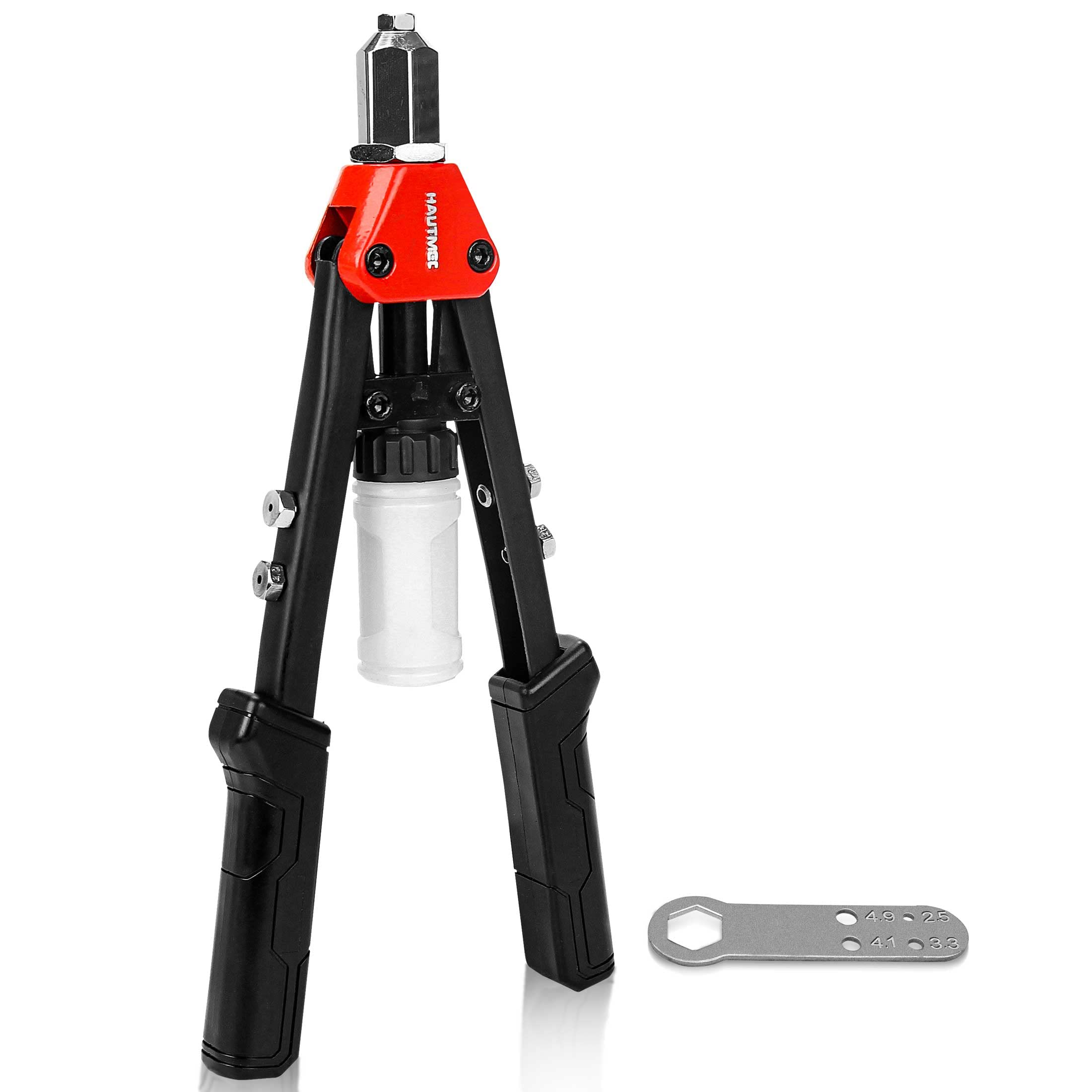 HAUTMEC 5-in-1 Rivet Gun 13" Pop Rivet Tool with Portable Wrench and Rivets Collecting Bottle Heavy Duty Hand Riveter for Metal, Aluminum, Steel HT0129