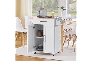 Yaheetech Kitchen Cart with Bamboo Tabletop, 32" Width Rolling Kitchen Island with Drawer and Adjustable Shelf, Storage Cabinet with Spice Rack Towel Bar for Dining Room Kitchen Living Room, White