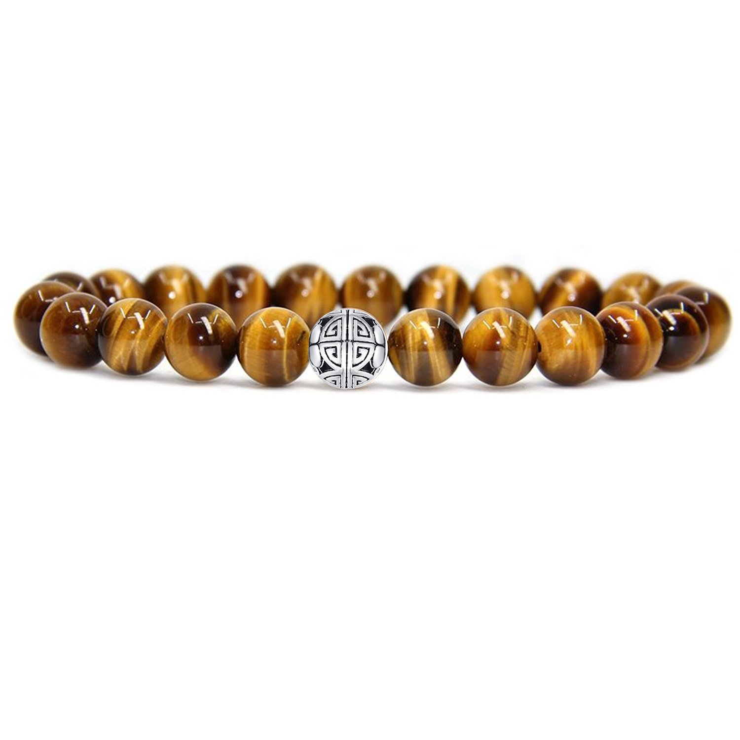 MetJakt Natural 8mm Gemstones Healing Crystal Stretch Beaded Bracelet Bangle with 925 Sterling Silver Double Happiness Pendant (Tiger Eye) — image 1
