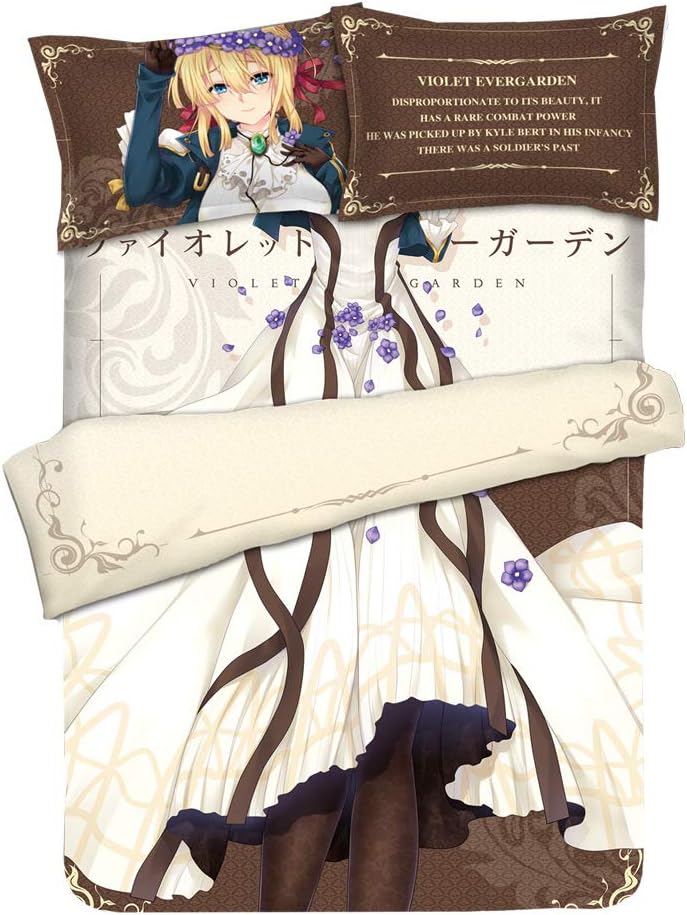 MXDZA Japanese Anime Violet Evergarden Otaku Bedding Linen Bedding Set Bed Sheet or Duvet Cover with Two Pillow Cases