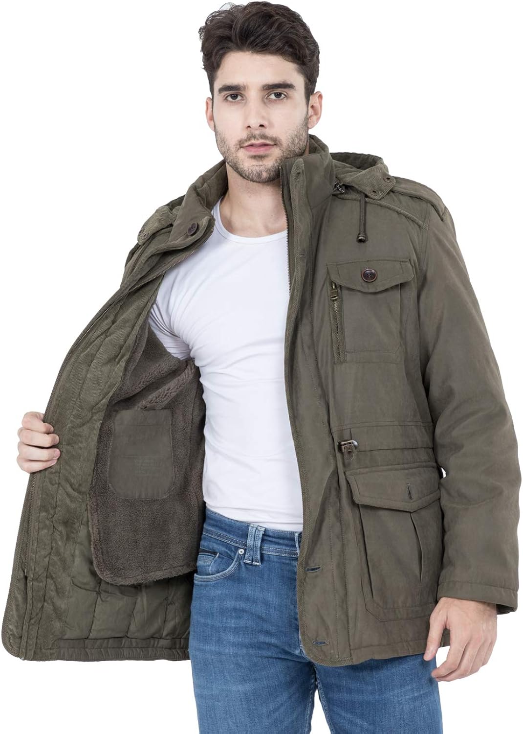 Mr.Stream Men's Winter 3-in-1 Hooded Jacket Windproof Faux Fur Lined Windbreaker Coat Outerwear Warm Parka: Clothing