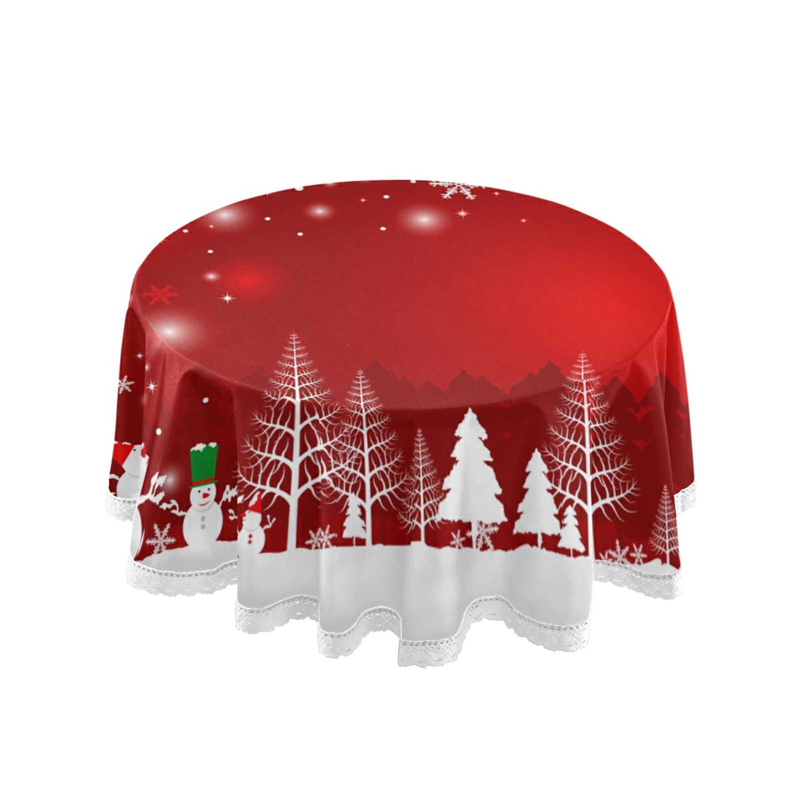 Mnsruu Christmas Tree Snowman Round Tablecloths Washable Polyester Lace Trim Table Cover 60 Inch for Kitchen Dinning Tabletop Wedding Party Home Decor — image 1