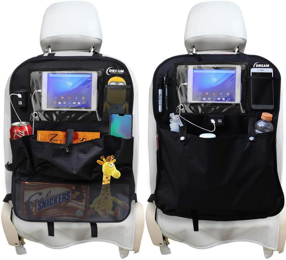 DCTE Car Organizer (2 Pack), Backseat Organizer, Waterproof Kick Mat, 4 USB Outlet and Multiple Pockets | for Kids and Toddlers | Hold Touch Screen iPad & Tablet up to 9.7 inch, Snacks, Drinks, Toys