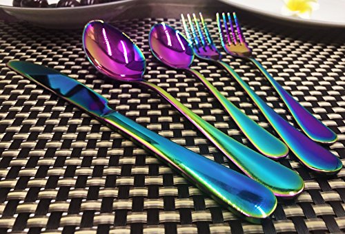 Rainbow colorful flatware set Stainless Steel silverware Tableware Set for 4,20piece,Dinnerware Set Service for 4,Include Knife/Fork/Spoon/Teaspoon/Fruit fork (Rainbow Multicolor) - Thumbnail 6