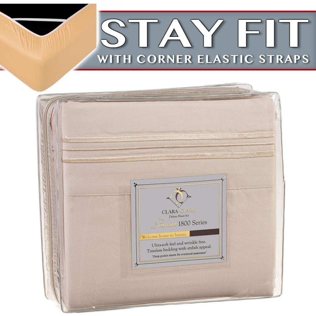 Photo 1 of Clara Clark 1800 Series Bed Sheet Sets - Stay fit on Mattress with Elastic Straps at Corners - Cal King Size, Beige Cream