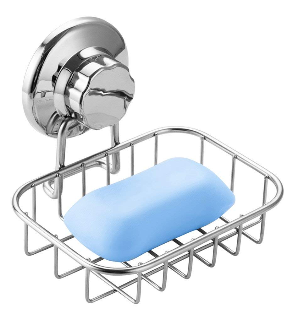 SANNO Shower Soap Dish Super Powerful Vacuum Suction Cup Soap Holder For Sponge, Shower, Bathroom, Tub and Kitchen Sink, Strong Rustproof Stainless Steel Wall Mounted Soap Rack