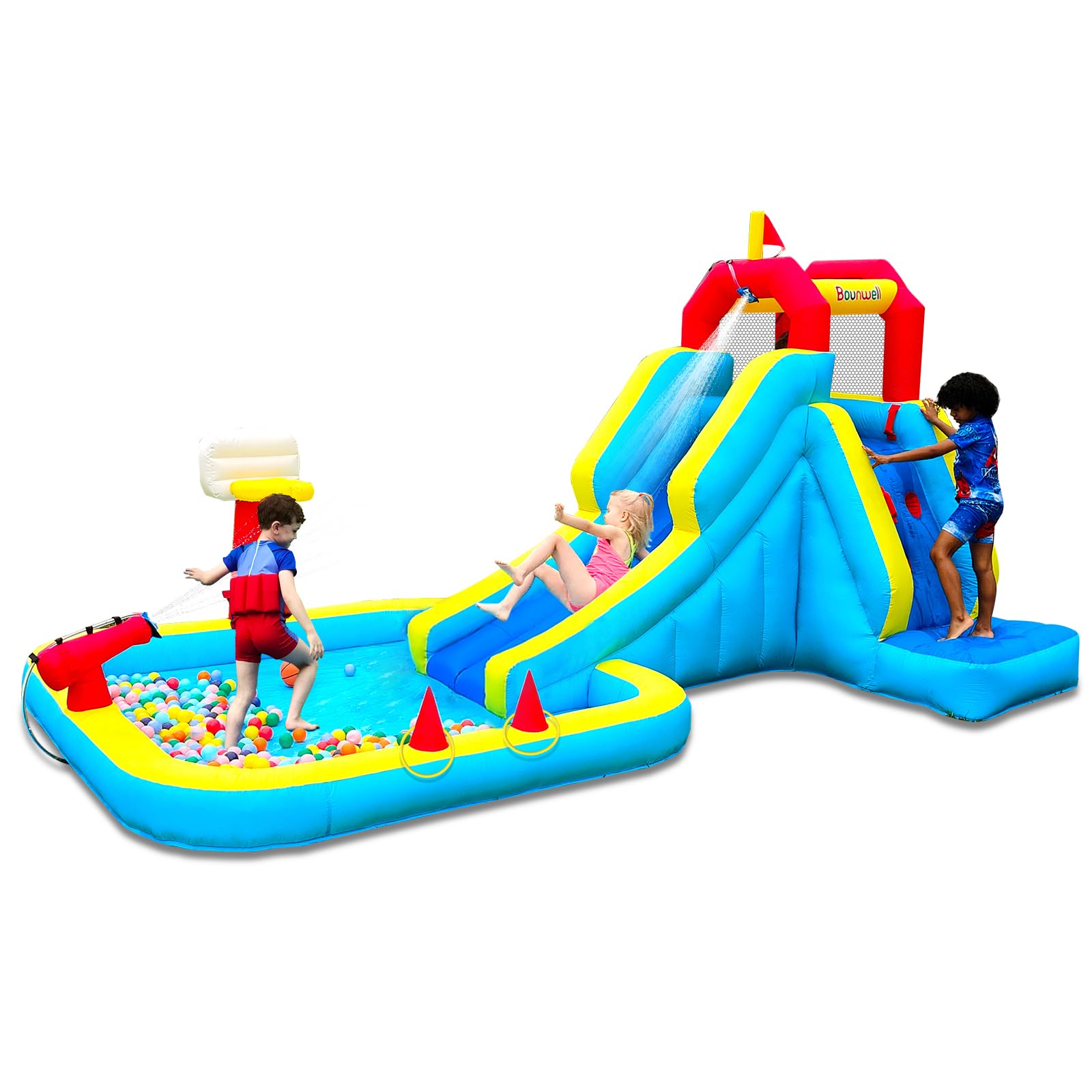 Photo 1 of Bounwell Inflatable Water Slide, Blow Up Water Slide with Climbing Wall, Water Slide for Kids Backyard with Basketball Hoop, Water Cannon and Splash Pool