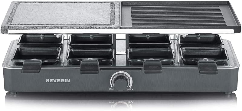 Raclette severin com pedra natural e placa para grelhar, grelha com grelha antiaderente e 8 panelas, grelha elétrica para 8 pessoas, máx. 1400 w, preto, rg 2371
