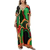 Lziizl Kaftan Dresses for Women Plus Size Bathing Suit Cover up Batwing Sleeve Caftan Maxi Beach Dress