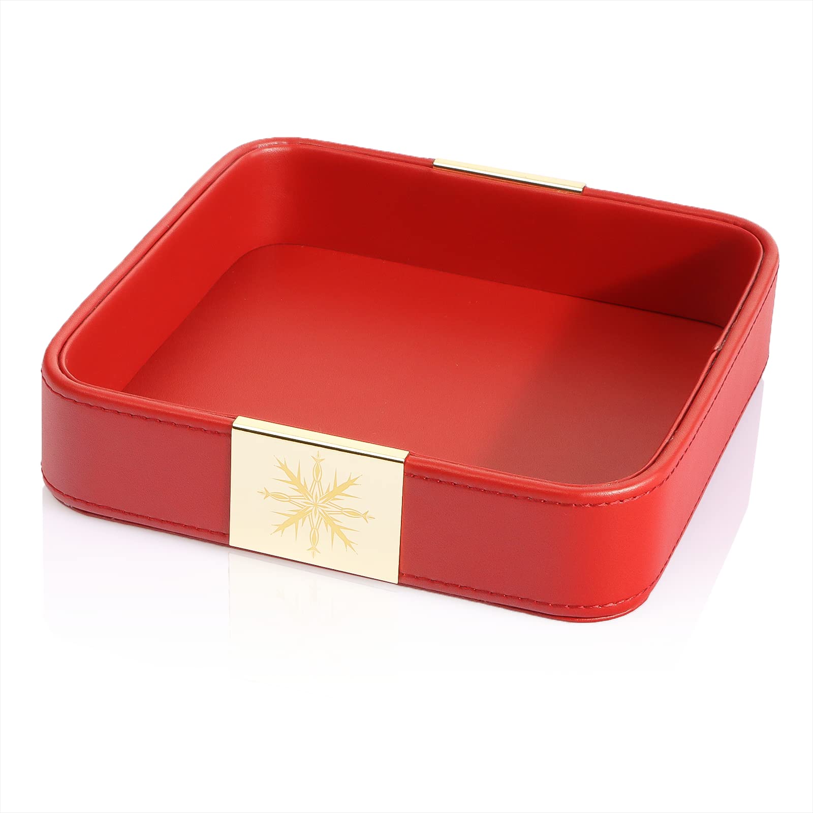 SANZIE Luxury Leather Desktop Storage, Small Catchall Organizer, Decorative Tray for Entryway Table to Hold Jewelry,Watch,Cosmetics,Keys,Phone,Wallet,Home & Office Accessories (Metal Glided, Red)