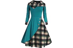 RDEGOOCHA Holiday Dresses for Women Vintage 1950s Plaid Dress Retro Cocktail Party Swing Dresses Bowtie Front Formal Long Sleeve Dress