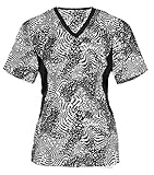 G Med Women's Printed Knit Side Panel V Neck 2 Pockets Fashion Scrub Top