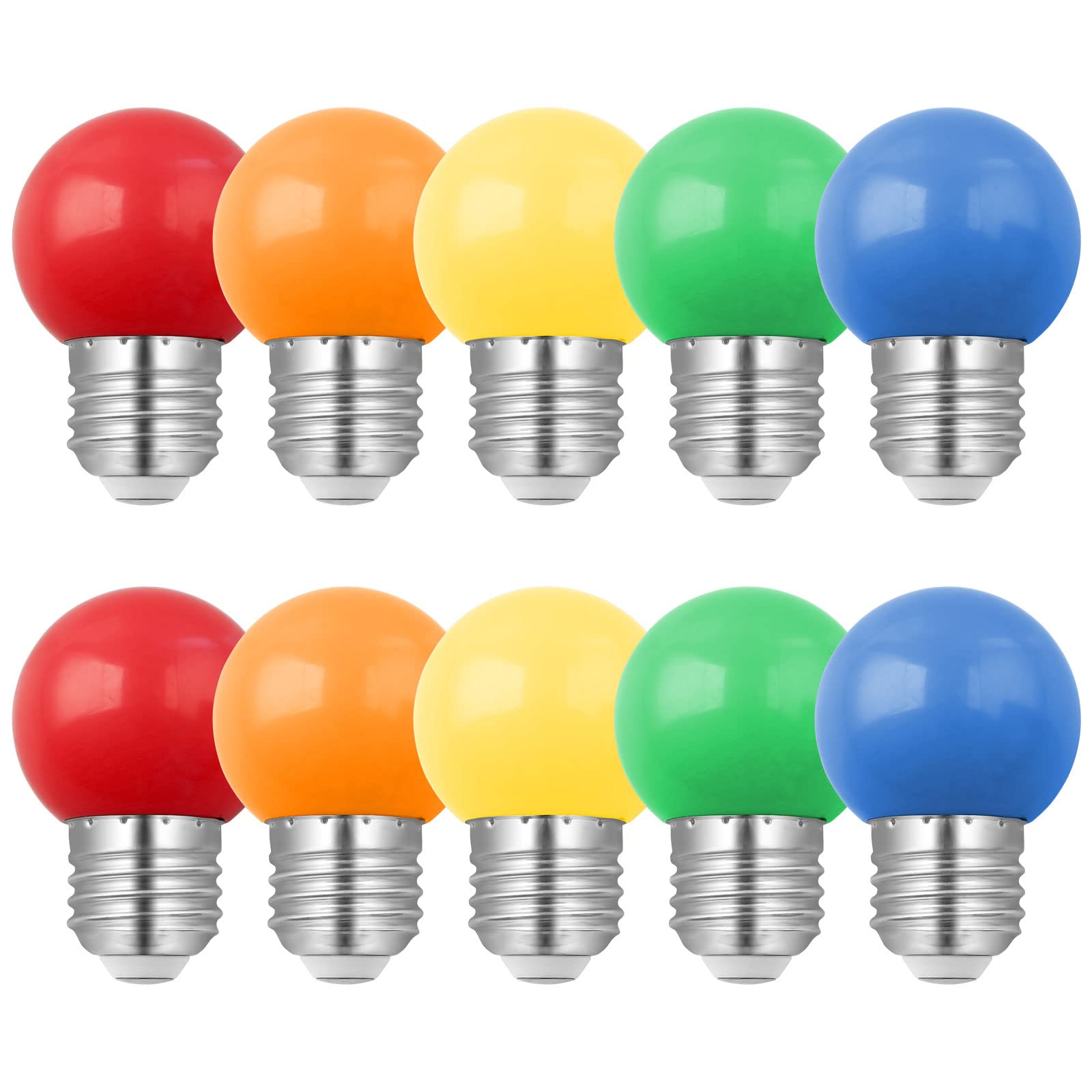 10 Pack E27 Coloured LED Bulbs, 1W G45 Colours Bulbs, Golf Ball E27 Screw, Mixed Colours Red Blue Green Yellow Orange, Atmosphere Decoration for Outdoor Indoor String Wedding, Party, Christmas