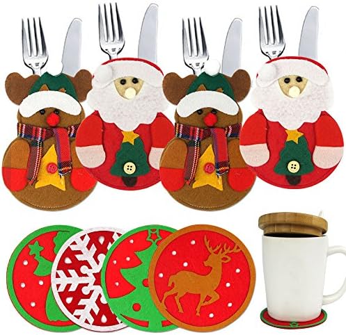 SHANRUI 8Pcs Christmas Table Decorations Christmas Silverware Holder Dinner Flatware Holders and Christmas Drink Coasters
