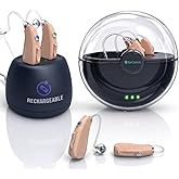 EarCentric EasyCharge OTC Hearing Aids for Seniors (Pair), Rechargeable Behind-the-Ear BTE with Noise Reduction, Desktop Charger and Portable Charging Case, Up to 12 Days Battery, Beige